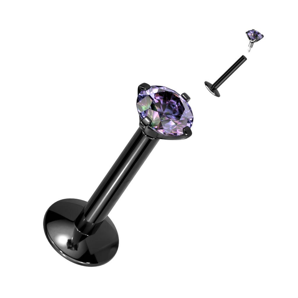 Labret, Titanium Round Medium 3mm CZ in Black (erikoispitkä sisäkierre)