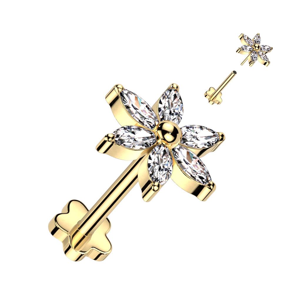 Titaaninen labret 1mm, Push in Flower Labret in Gold