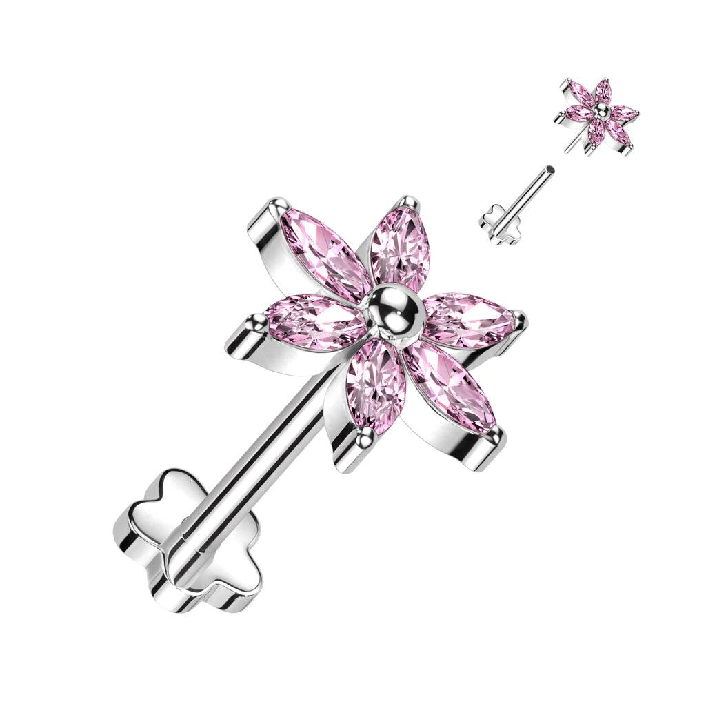 Titaaninen labret 1mm, Pink Push in Flower -vaaleanpunainen kukka