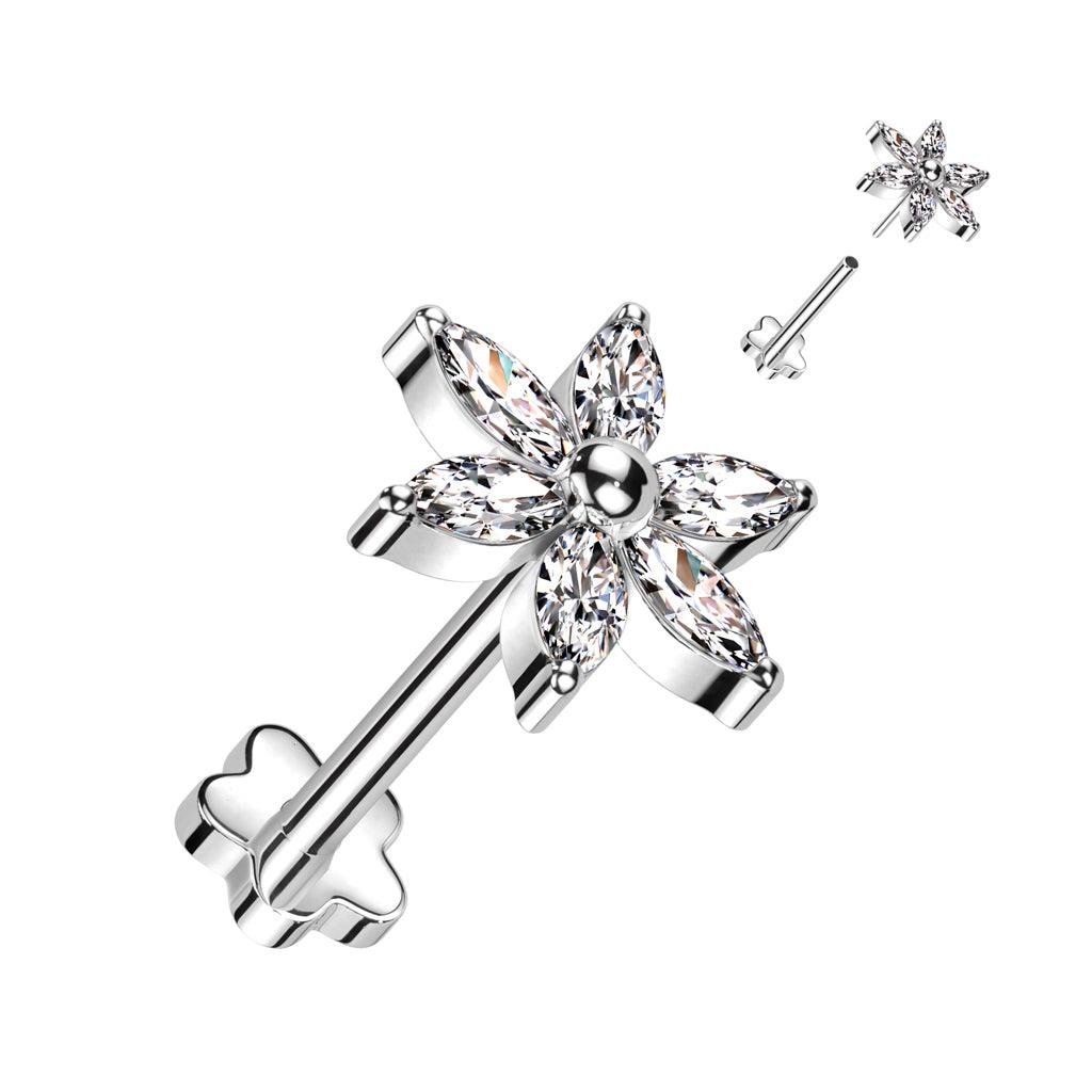 Titaaninen labret 1mm, Clear Push in Flower Labret