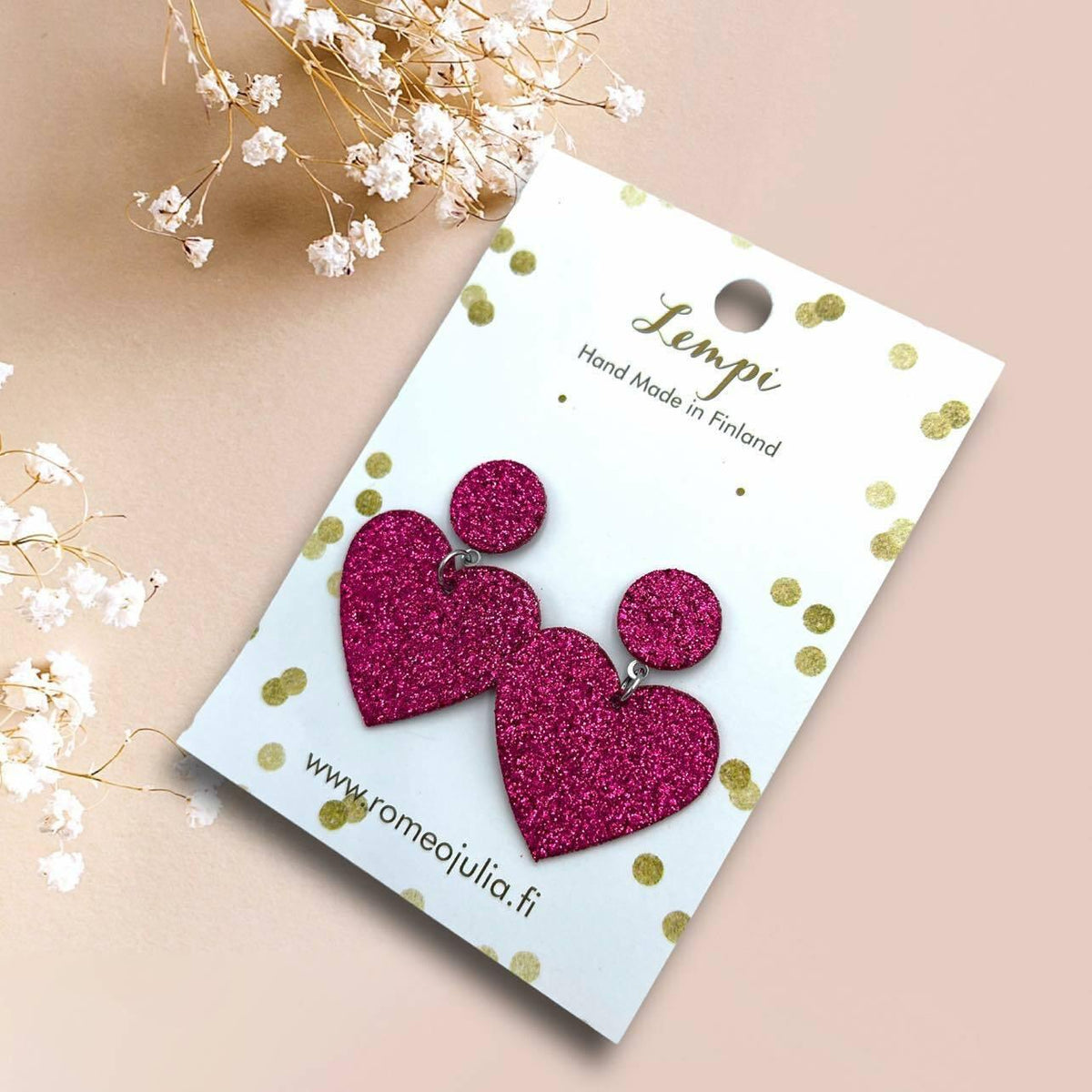 LEMPI® earrings, Hellä - sparkly pink heart earrings