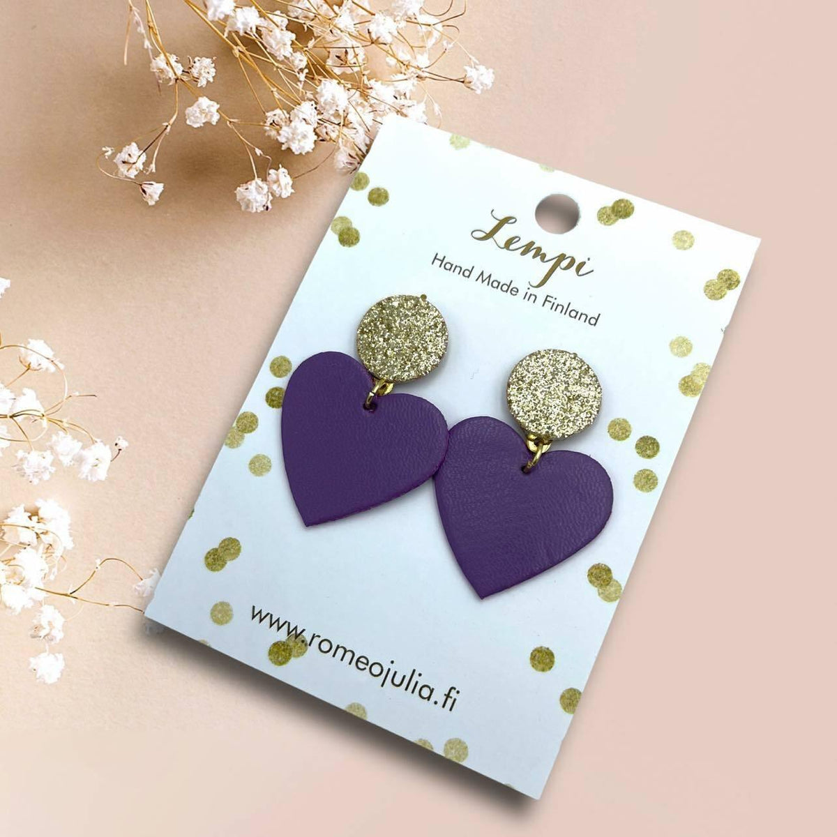 LEMPI® earrings, Hellä -gold-lilac heart earrings