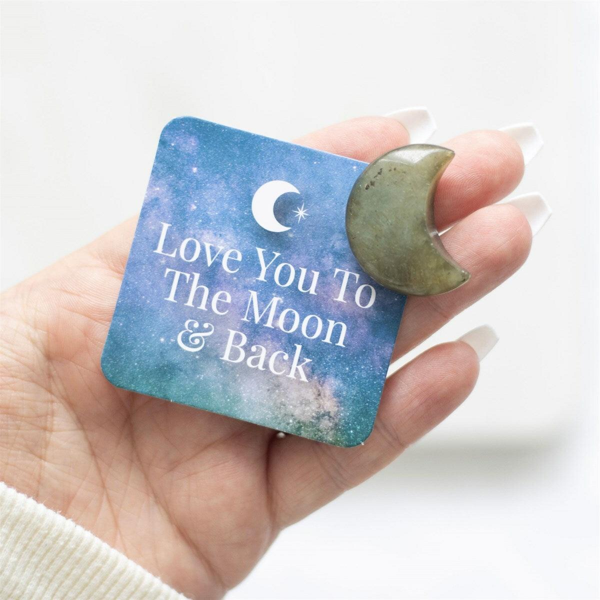 "Love You to the Moon and Back" -labradoriitti kuunsirppi onnenkivi