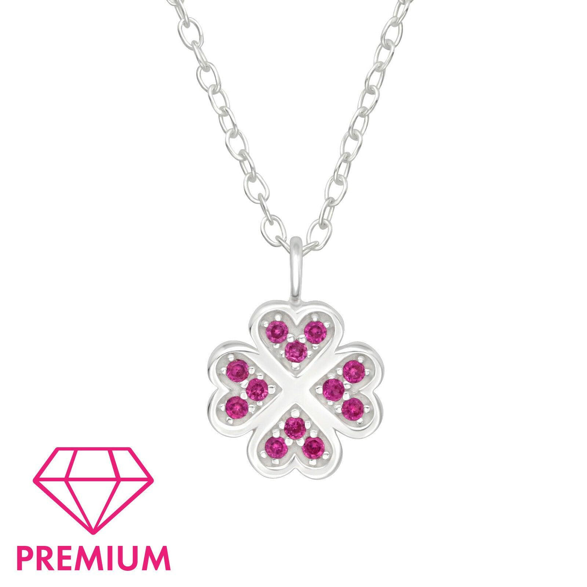 Children's premium silver necklace, Clower pink lucky clover necklace