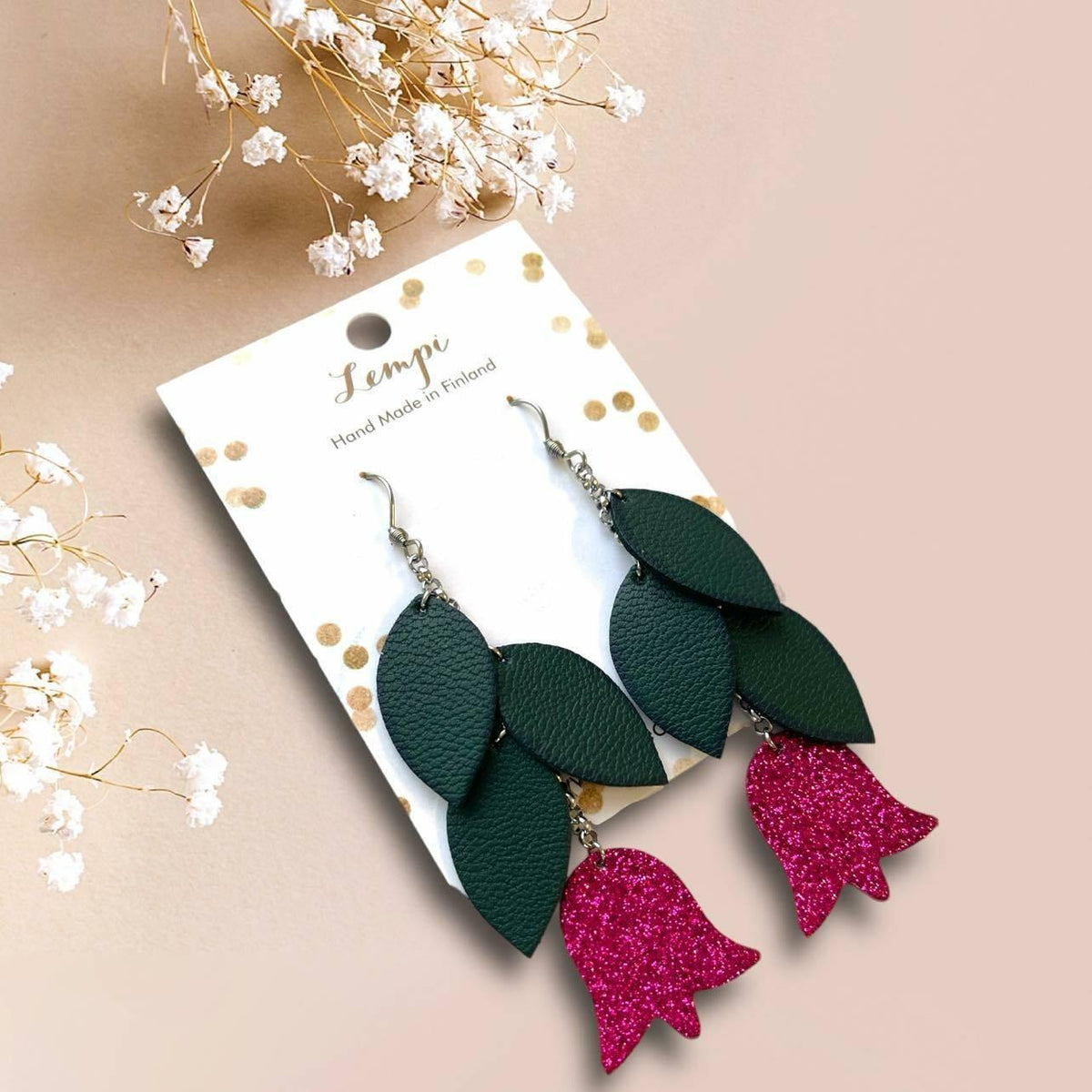 LEMPI® earrings, Frida (green, fuchsia glitter)