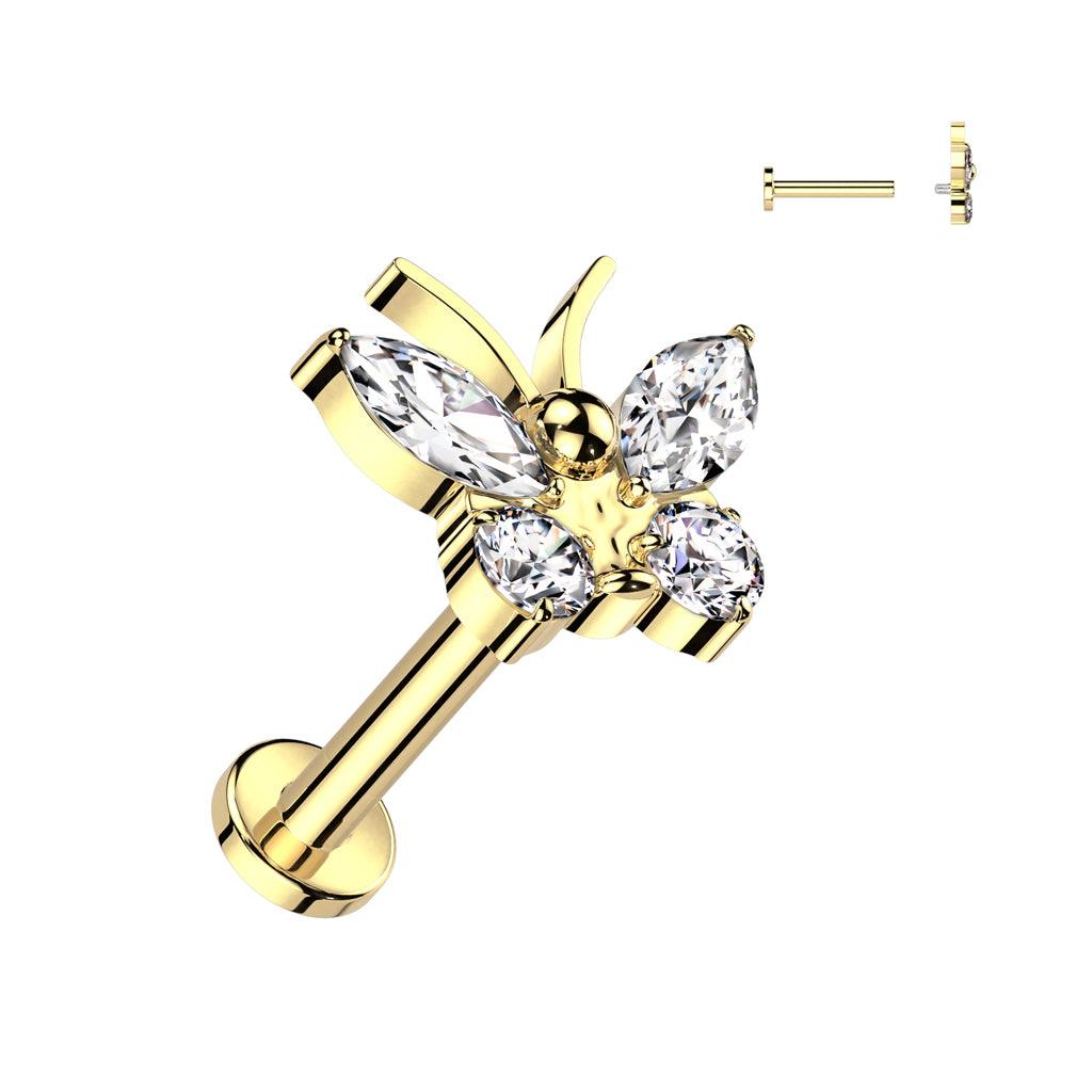 Titaani rustokoru/traguskoru, Butterfly Top -kimaltava labret (kulta)
