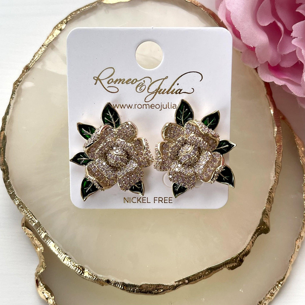 ROMANCE | Allure pink rose flower party earrings