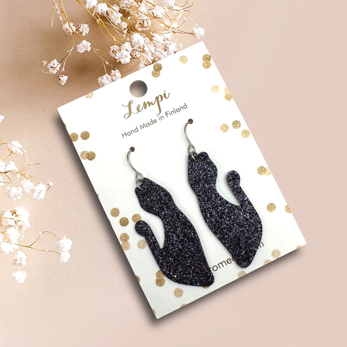 LEMPI®-korvakorut, Kissa keimailee (hiilenmusta glitter)