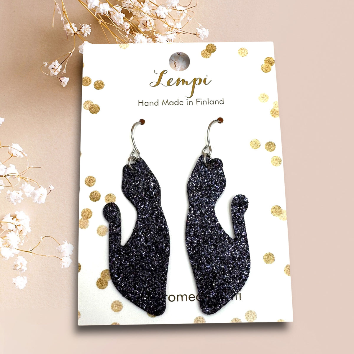 LEMPI®-korvakorut, Kissa keimailee (hiilenmusta glitter)