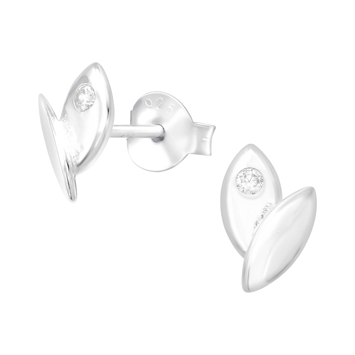 Silver studs, Sylva – delicate leaf earrings with a bright stone