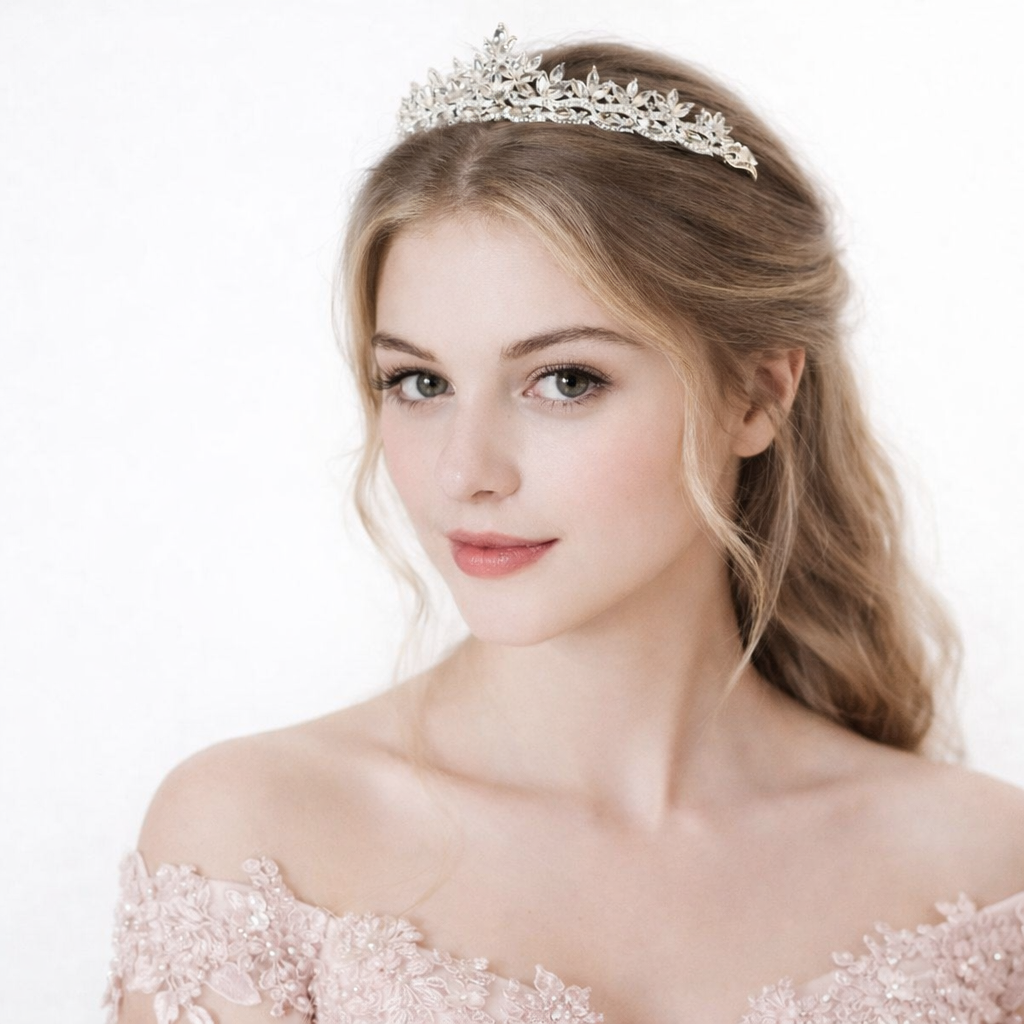 ROMANCE, Augusta gold-colored tiara with bright stones