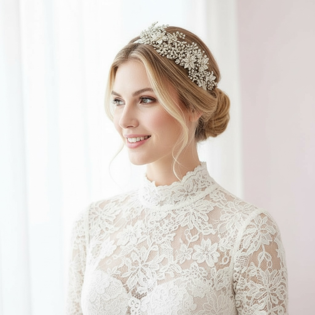 Hair ornament, headband/ROMANCE, Glamorous Headpiece with Silver Flowers