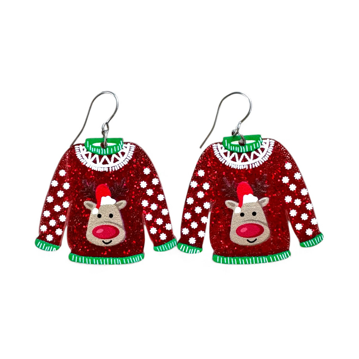 Jolly Sweater joulupaitakorvakorut – punaiset glitterpuserot porokuvioineen, akryyli ja kirurginteräs.