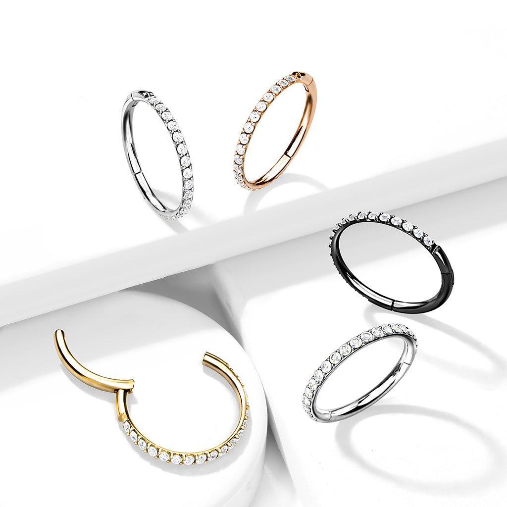 Lävistysrengas, Titanium Hinged Segment Hoop Ring with CZ in Gold