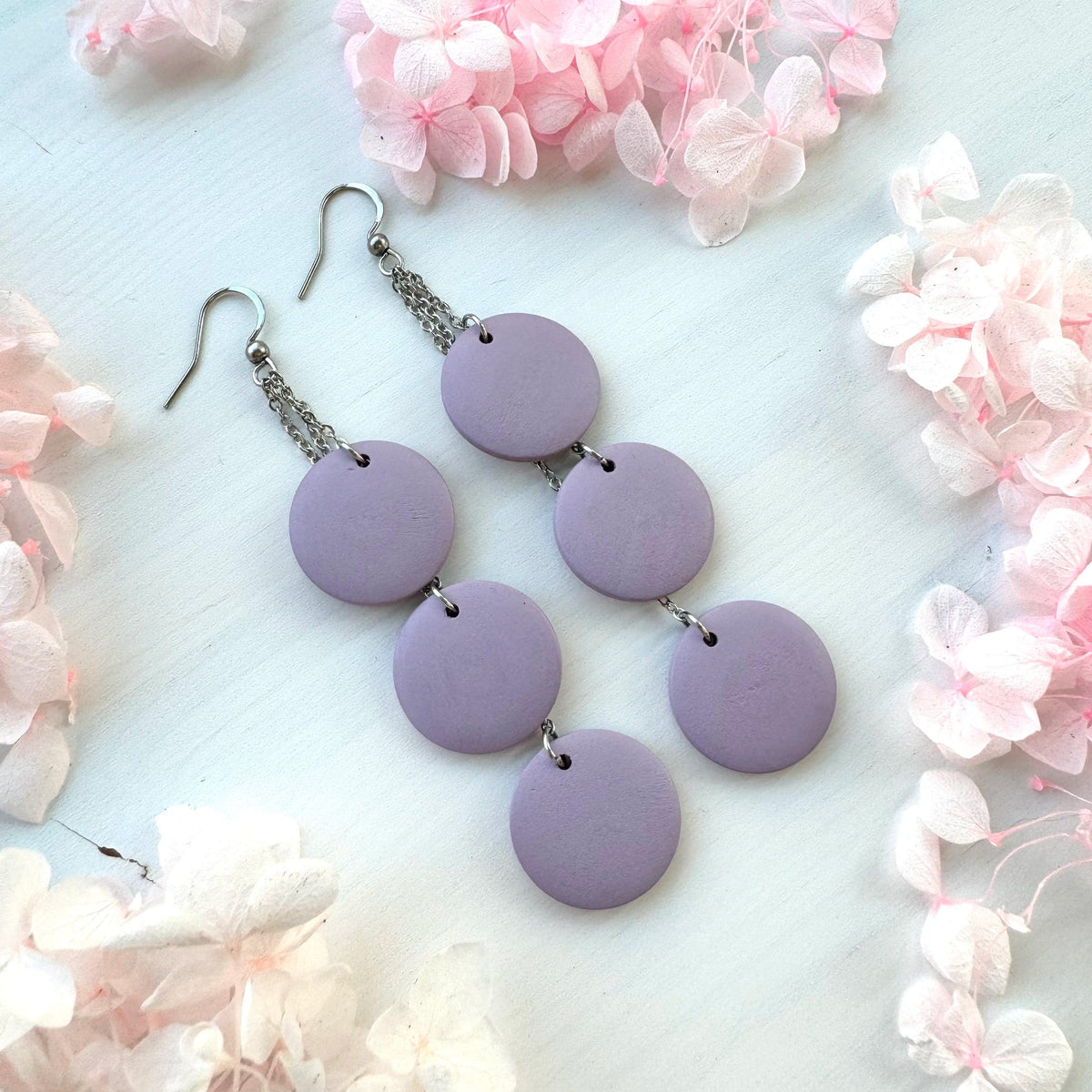 Puukorvakorut, Ilona -kolmiosaiset puuhelmikorvakorut (laventeli)