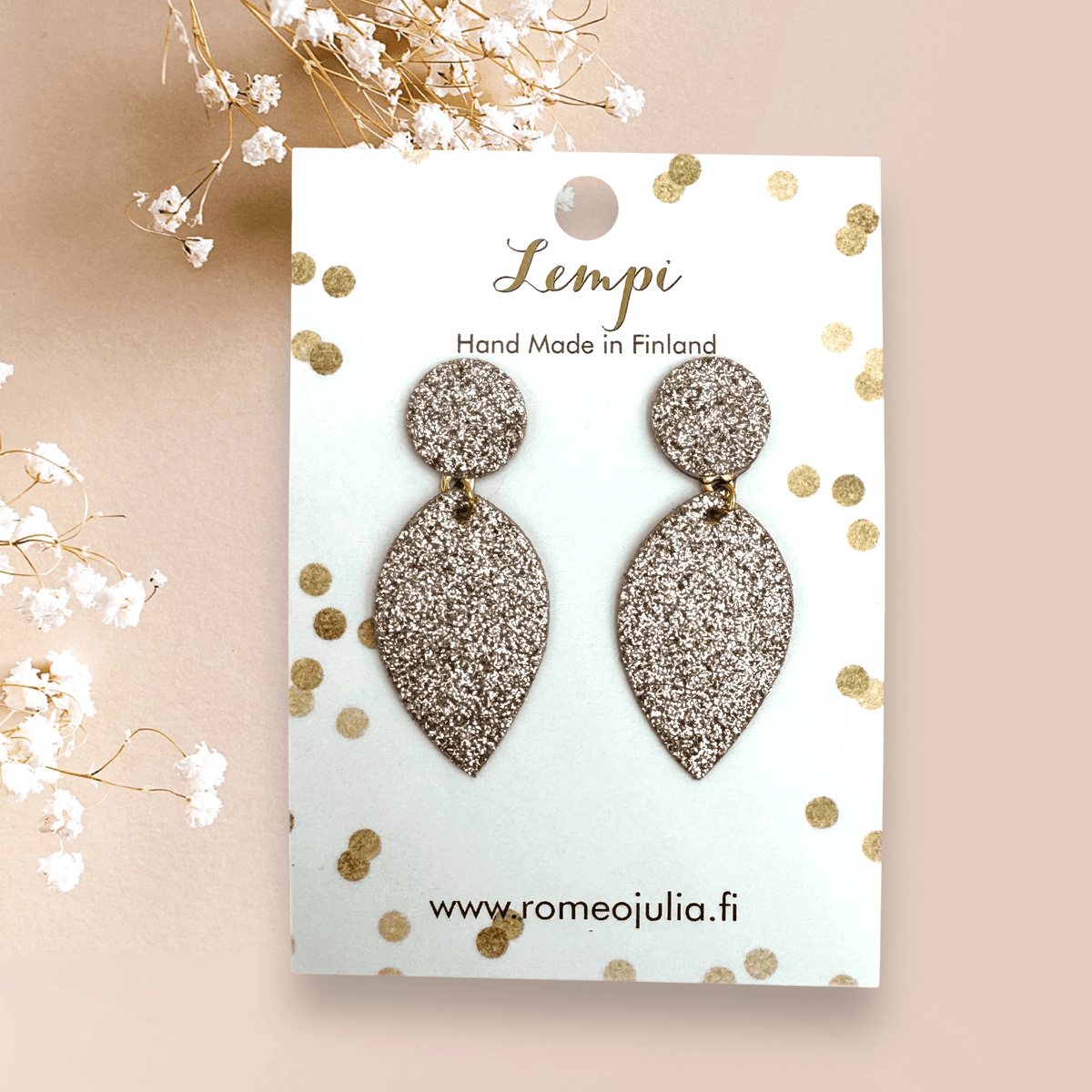 LEMPI® earrings, Leaf (rose gold glitter)