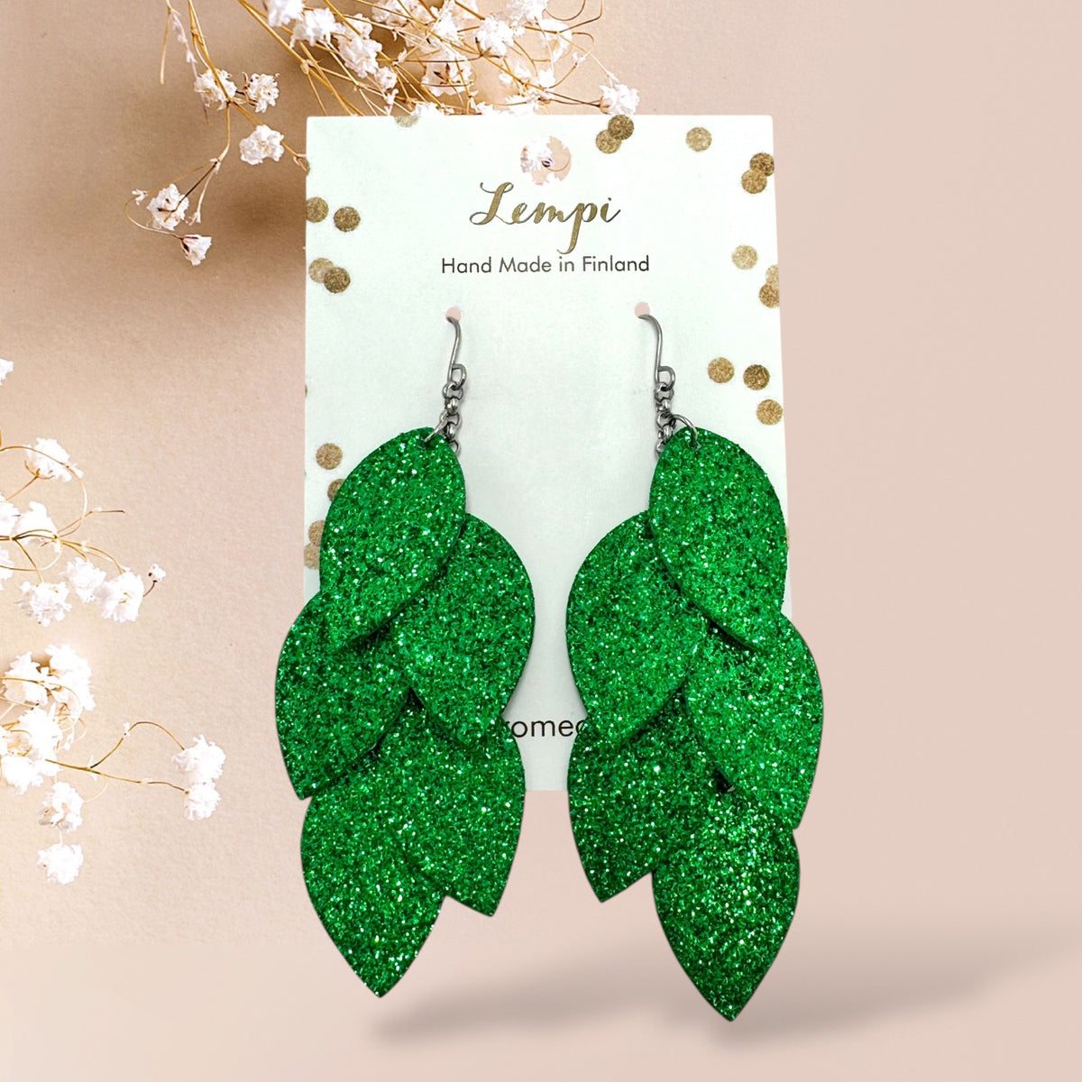 LEMPI® earrings, Grain (green glitter)