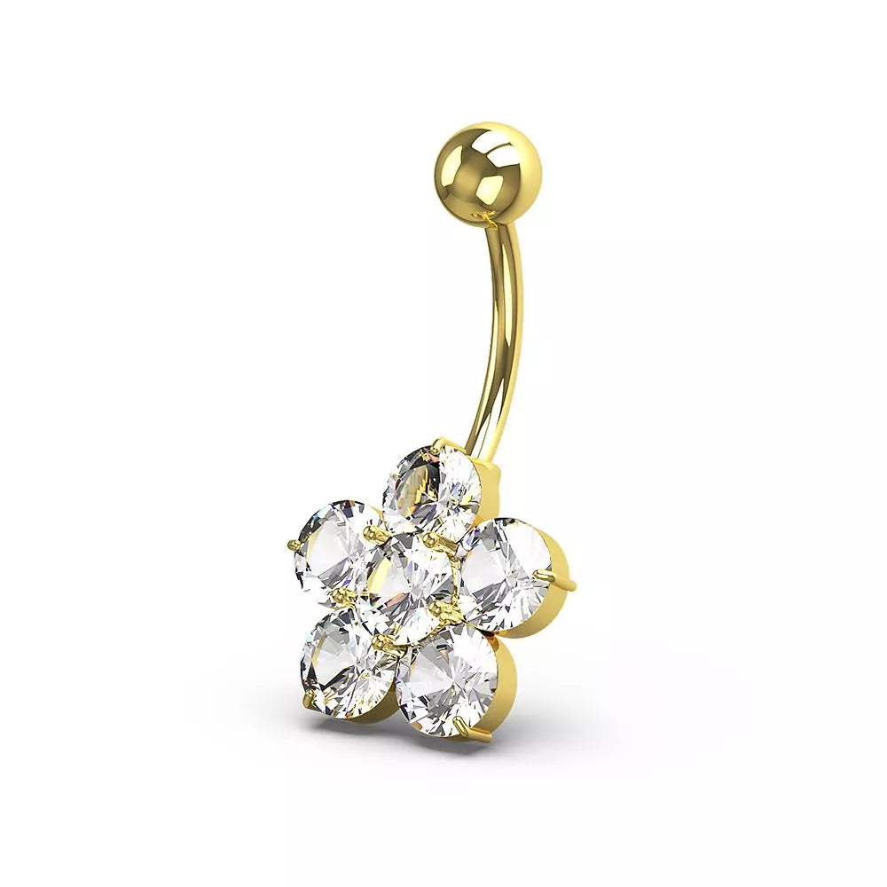 Gold-plated belly button ring, Zoe - small clear flower belly button ring