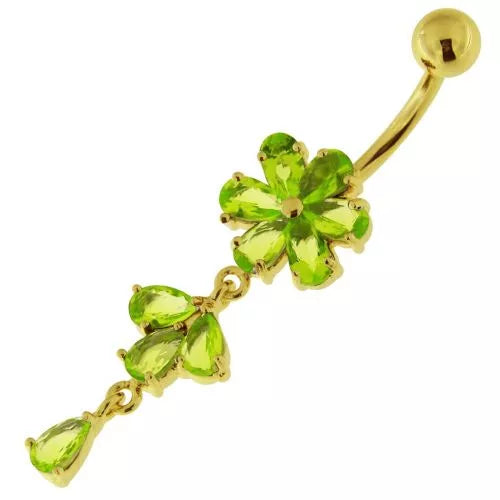 Gold-plated belly button ring, Diamond Daisy (gold / light green)
