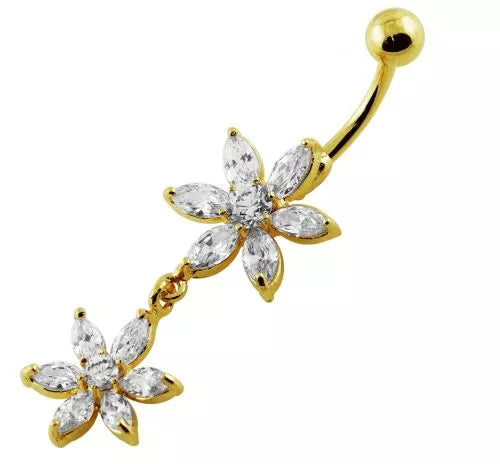 Gold-plated belly button ring, Golden Bloom – belly button ring with crystal flowers