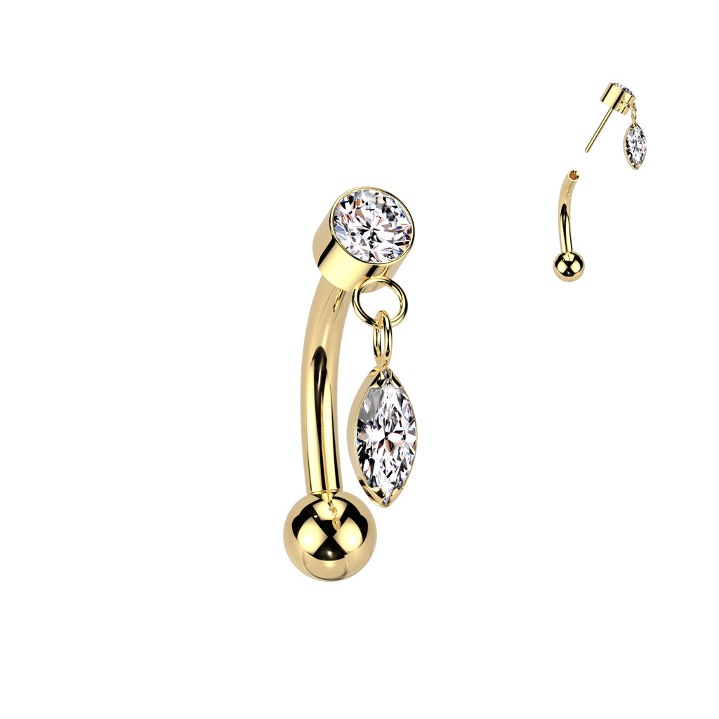 Curved Barbell 1.2mm, Titanium Crystaldrop – classic crystal with dangling detail (gold)