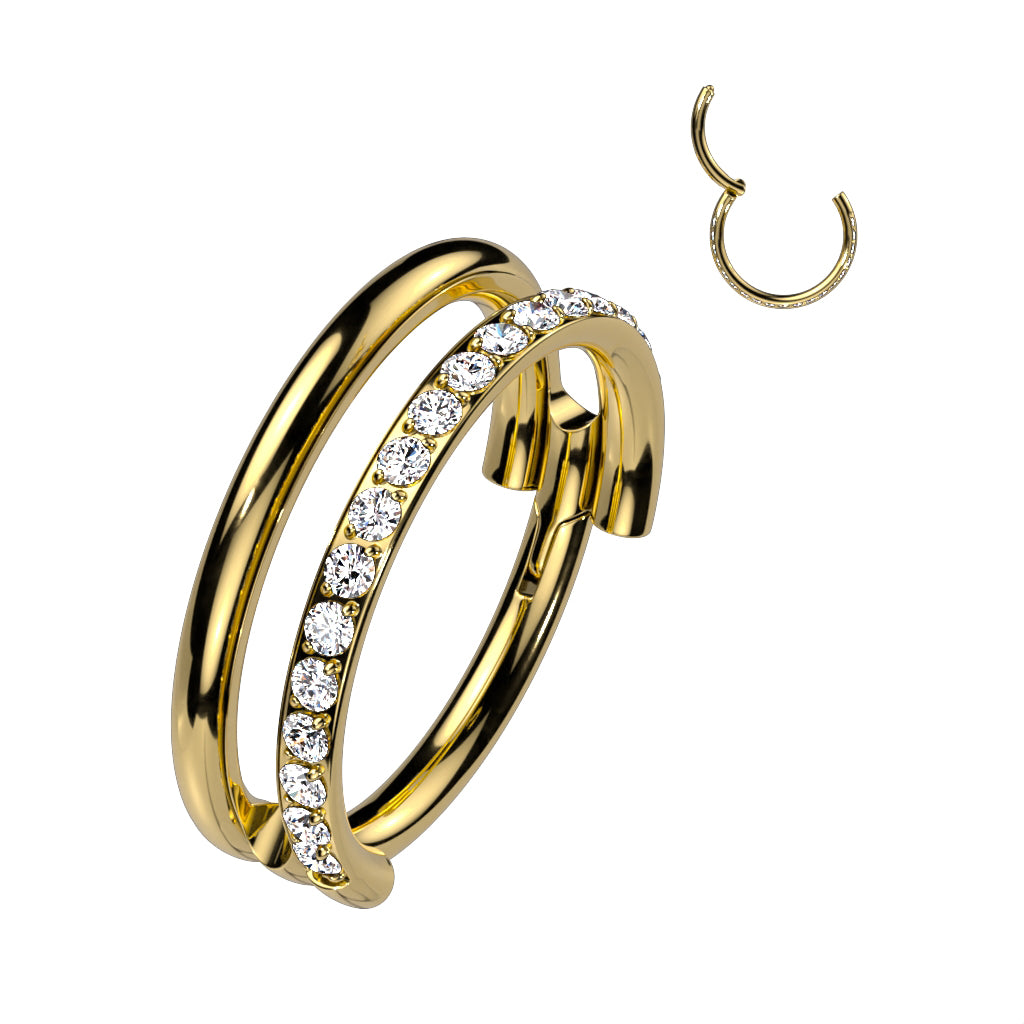 Piercing ring 1.2mm, Titanium Double Line CZ titanium clicker (gold)