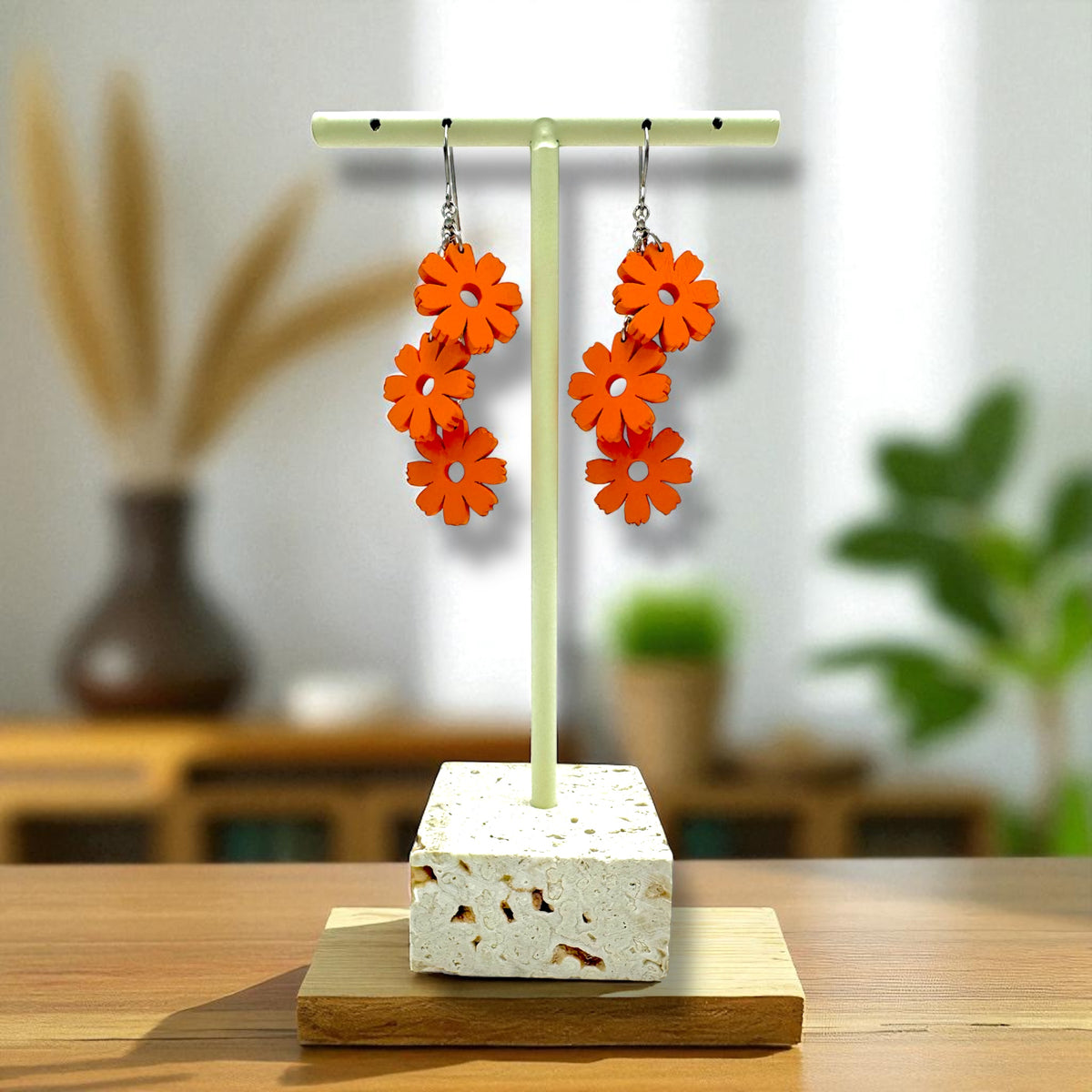 Wooden earrings, Suvituuli Aurinko (wooden earrings with orange flowers)