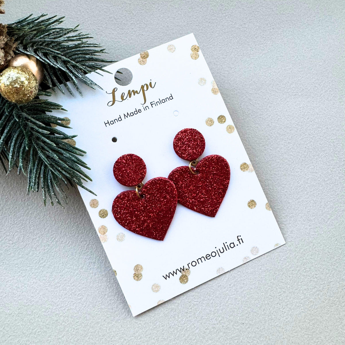 LEMPI® earrings, Tender heart earrings (red glitter / gold)