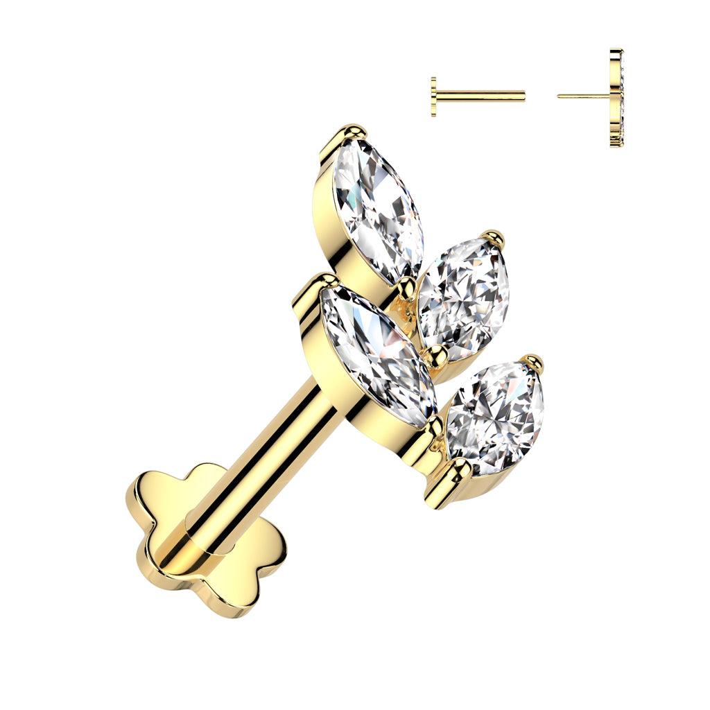 Labret 1.2mm, Titanium Crystal Leaf – leaf-shaped crystal jewelry made of titanium (gold)