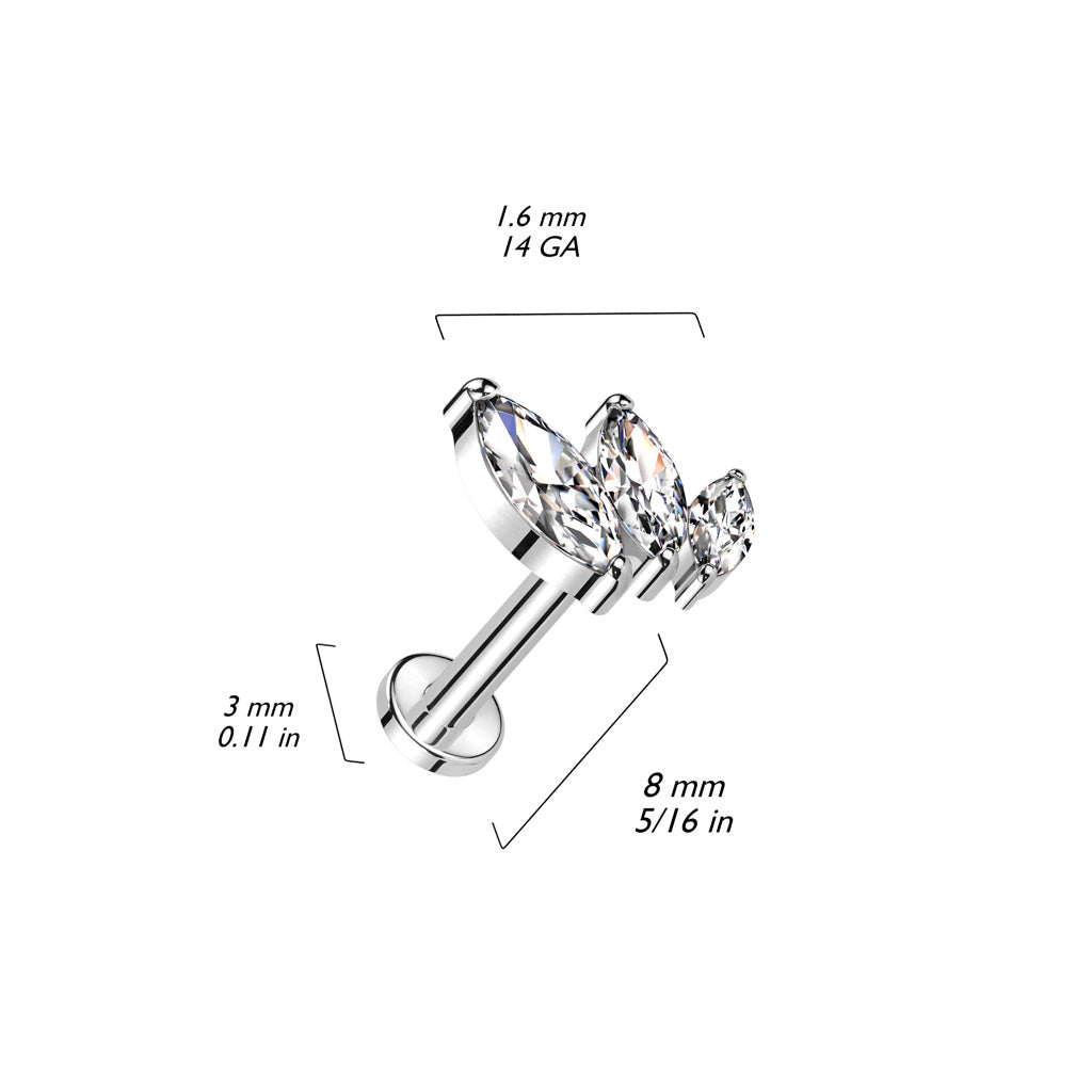 Labret 1.2mm, Titanium Crystal Vine – leaf-shaped crystal jewelry made of titanium (gold)