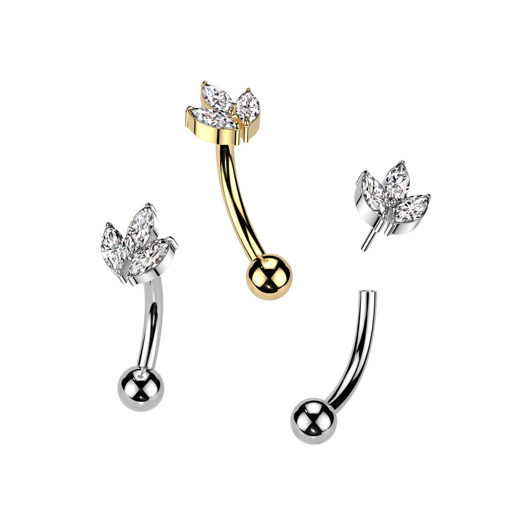 Curved Barbell 1.2mm, Titanium Leaflight – three-leaf titanium ornament (silver, push-in)