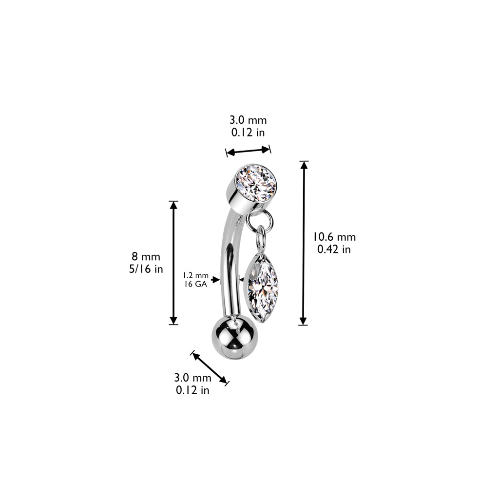 Curved Barbell 1.2mm, Titanium Crystaldrop – classic crystal with dangling detail (silver)