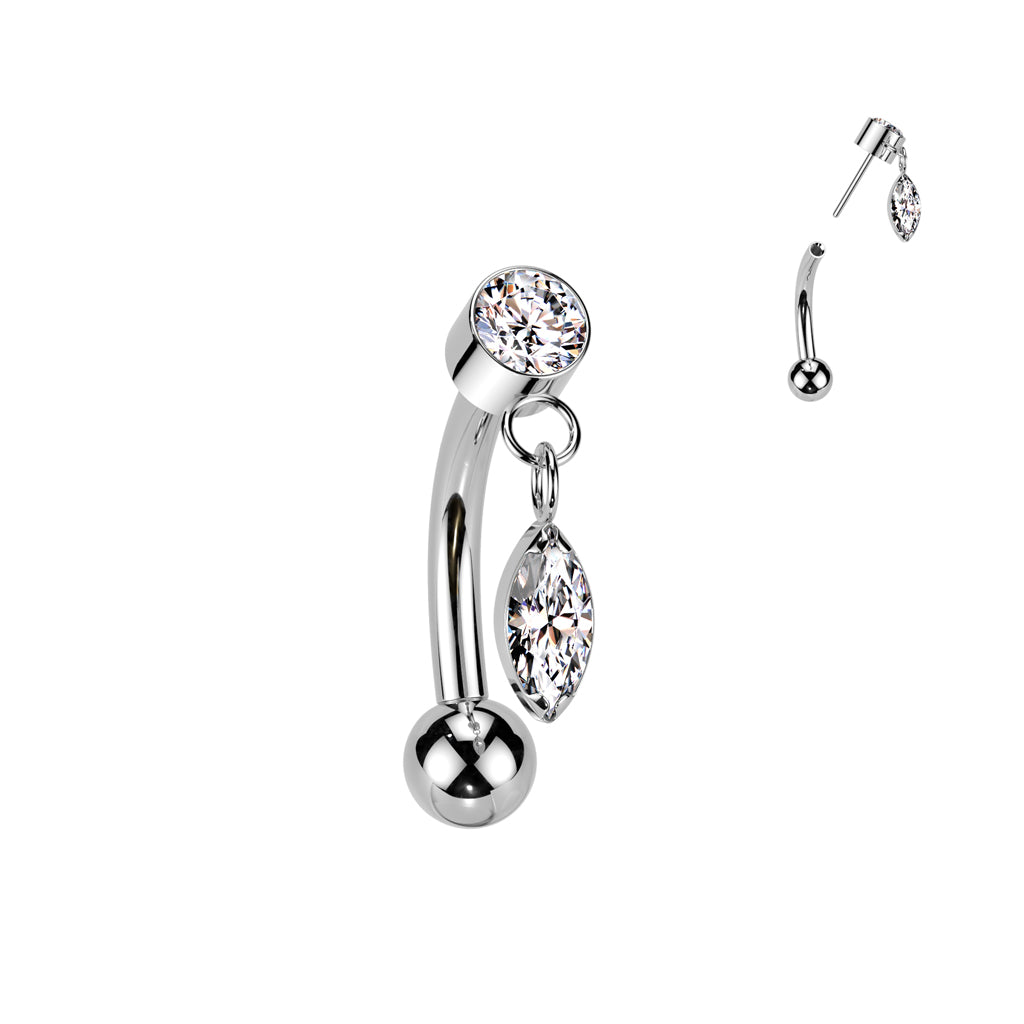 Curved Barbell 1.2mm, Titanium Crystaldrop – classic crystal with dangling detail (silver)