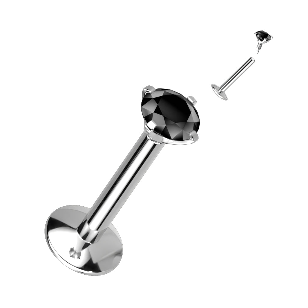 Labret 1.2mm, Titanium Round Medium 3mm CZ in Black (extra long internal thread)