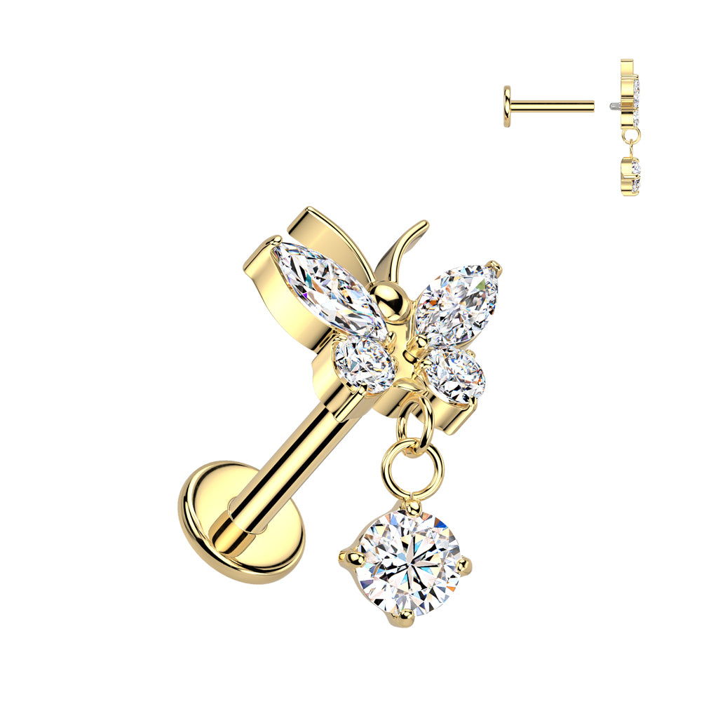 Labret 1.2mm, Titanium Flutter Drop – titanium jewelry with butterfly decoration (gold)