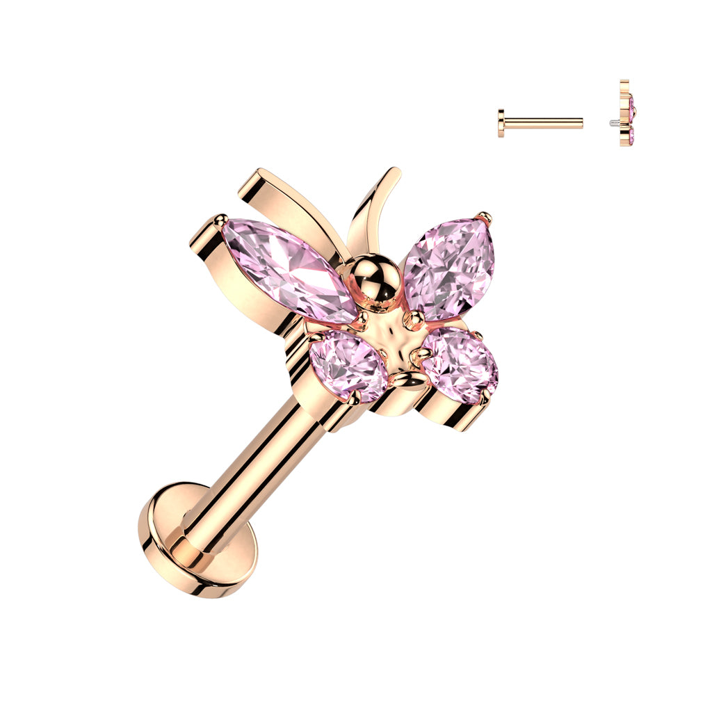 Titanium cartilage/tragus jewelry, Butterfly Top glittering labret (rose gold)