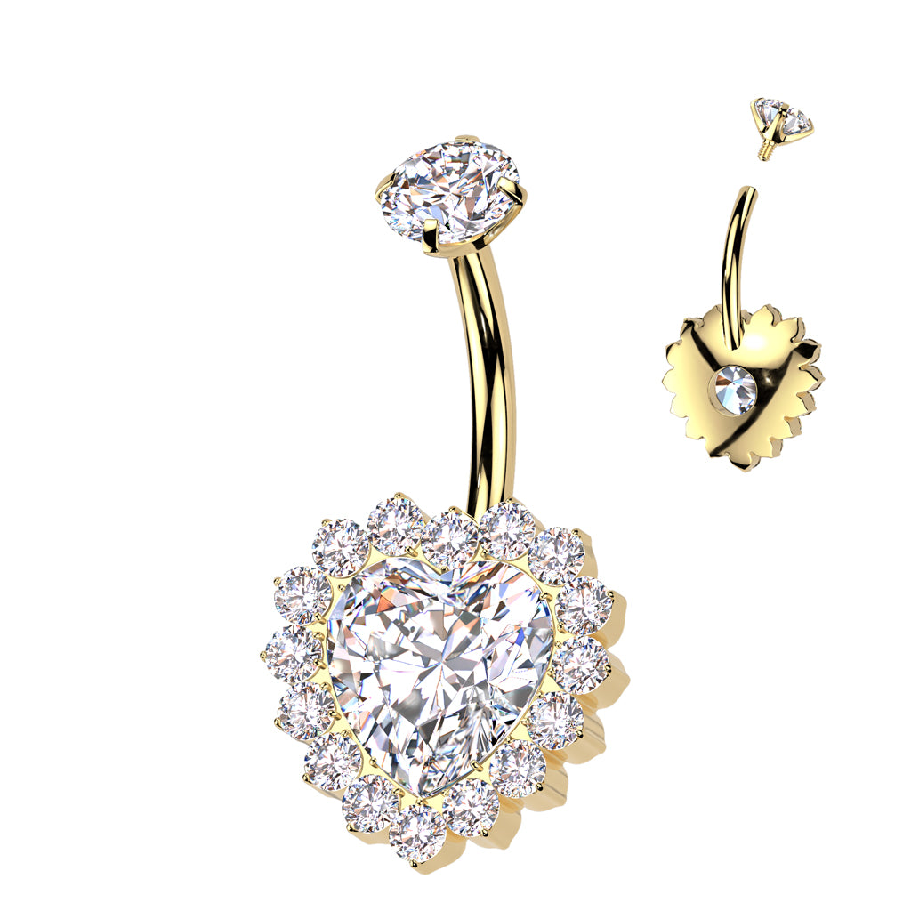 Titanium navel ring, Sweetheart crystal navel ring with heart (gold) 