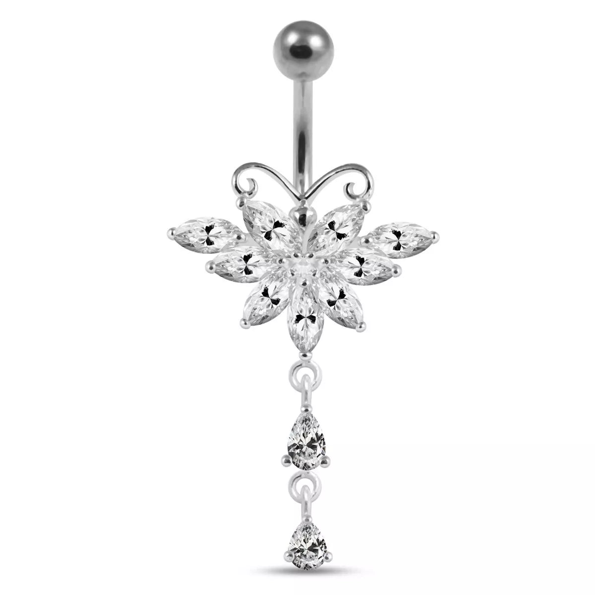 Titanium navel necklace, Eternal Butterfly - clear dangling butterfly