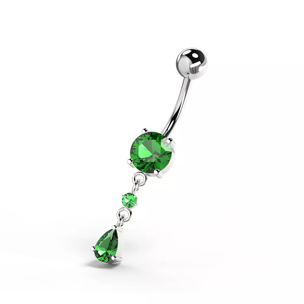 Titanium navel necklace, Simple Teardrop – dark green crystal drop 