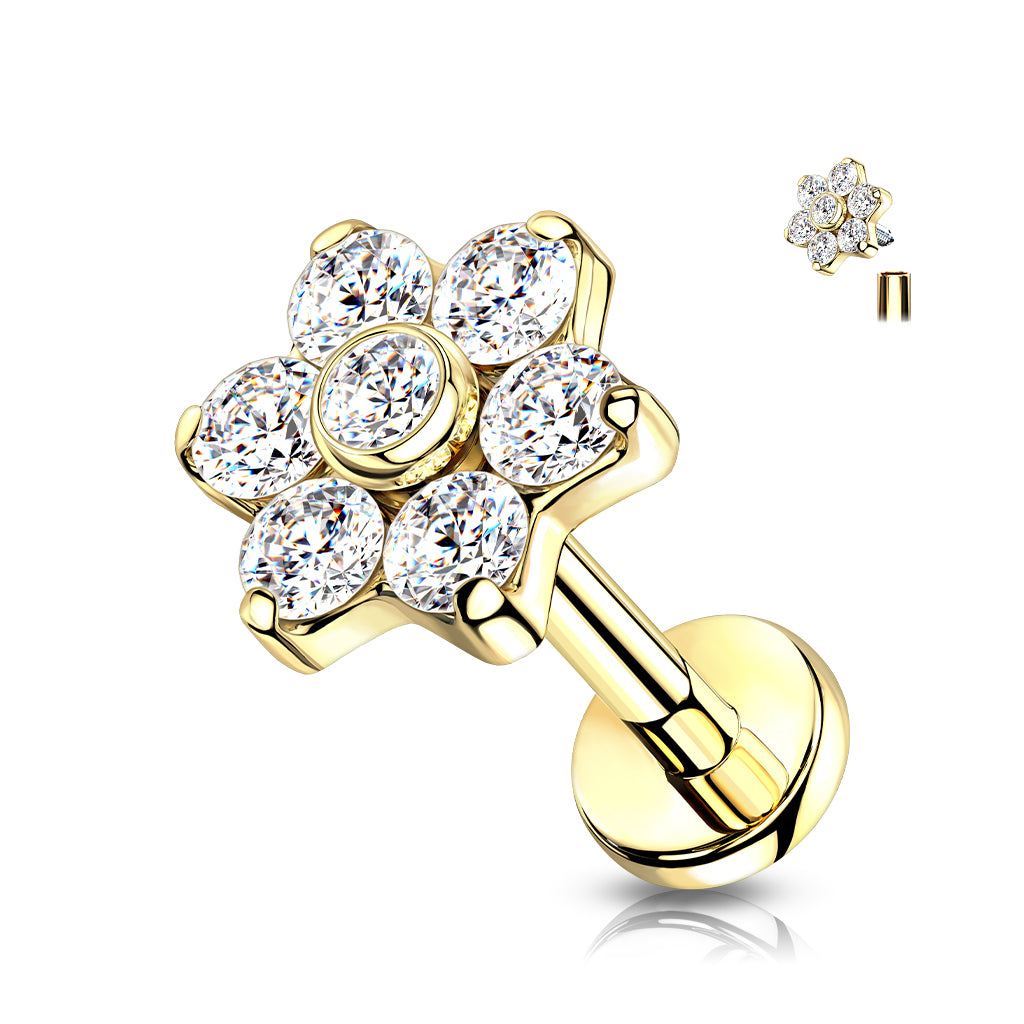 Labret 1.2mm, Titanium Crystal Bloom – clear stone flower-decorated titanium jewelry (gold)