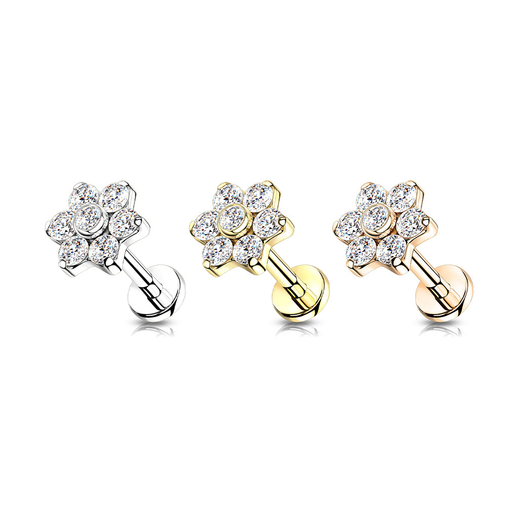 Labret 1.2mm, Titanium Crystal Bloom – clear stone flower-decorated titanium jewelry (silver)