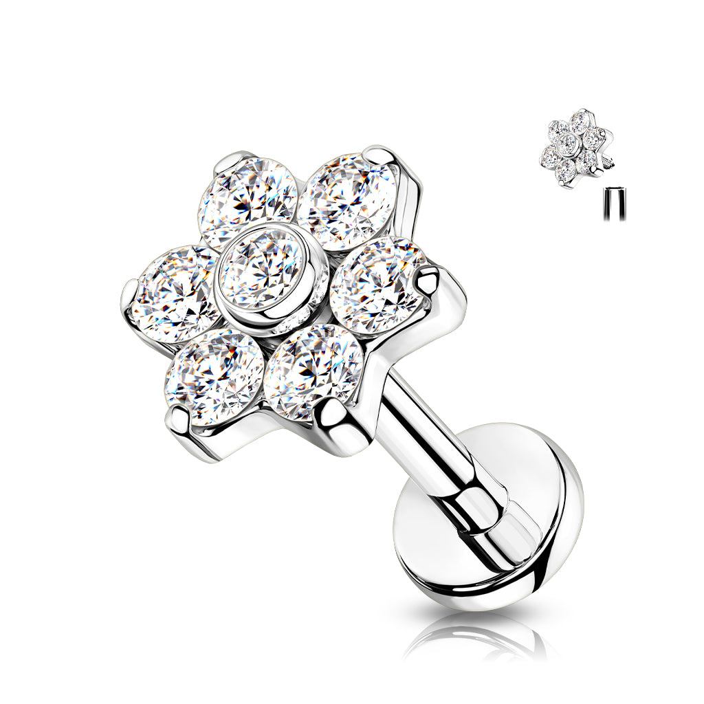 Labret 1.2mm, Titanium Crystal Bloom – clear stone flower-decorated titanium jewelry (silver)