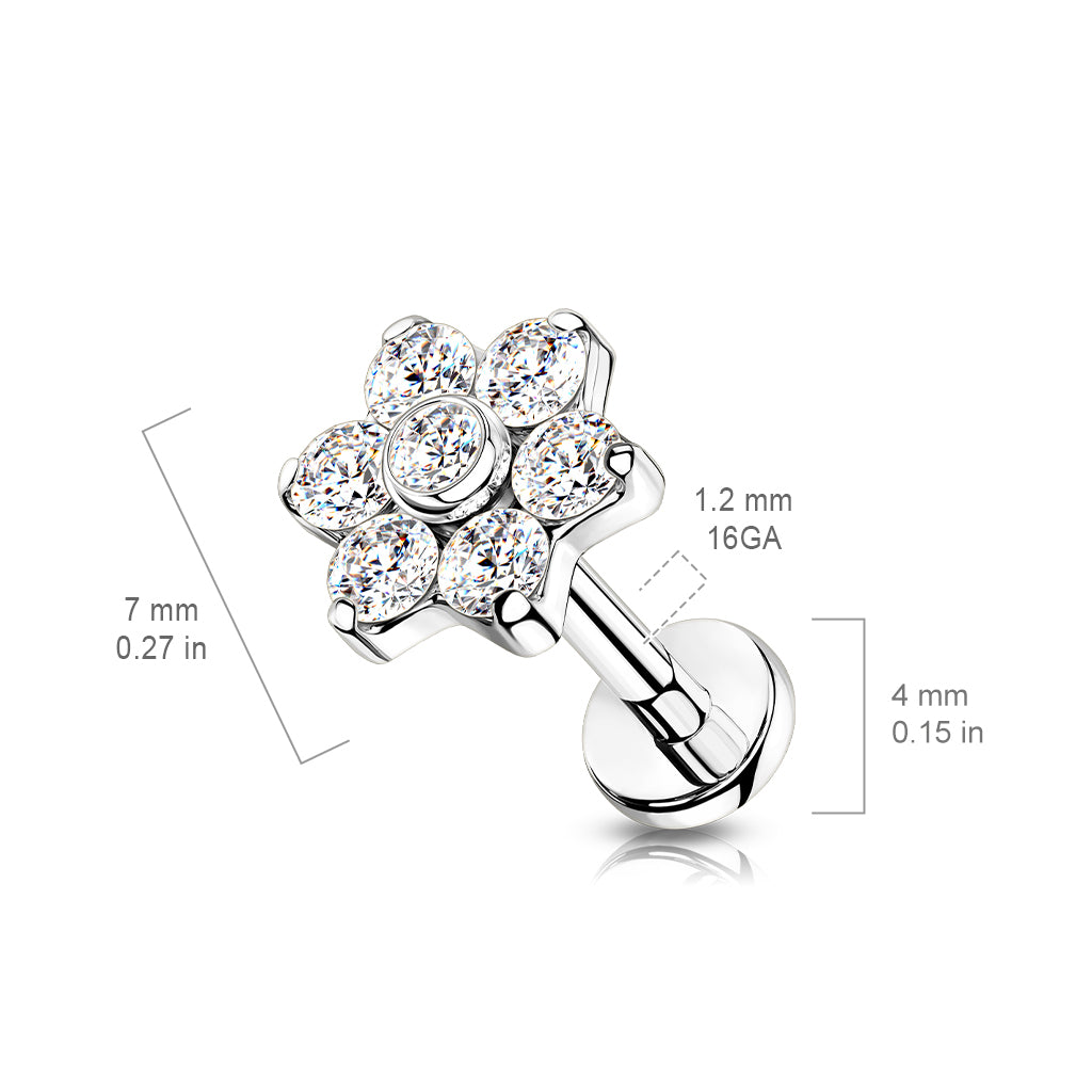 Labret 1.2mm, Titanium Crystal Bloom – clear stone flower-decorated titanium jewelry (silver)
