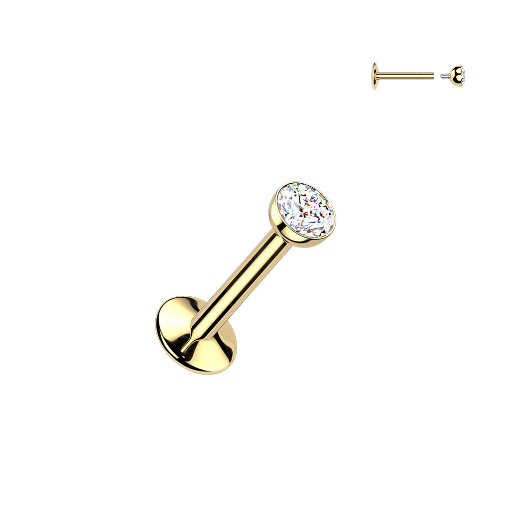 Titaanilabret 1,2mm, Crystal Glow – kirkas kristalli (24K kulta PVD, sisäkierre)