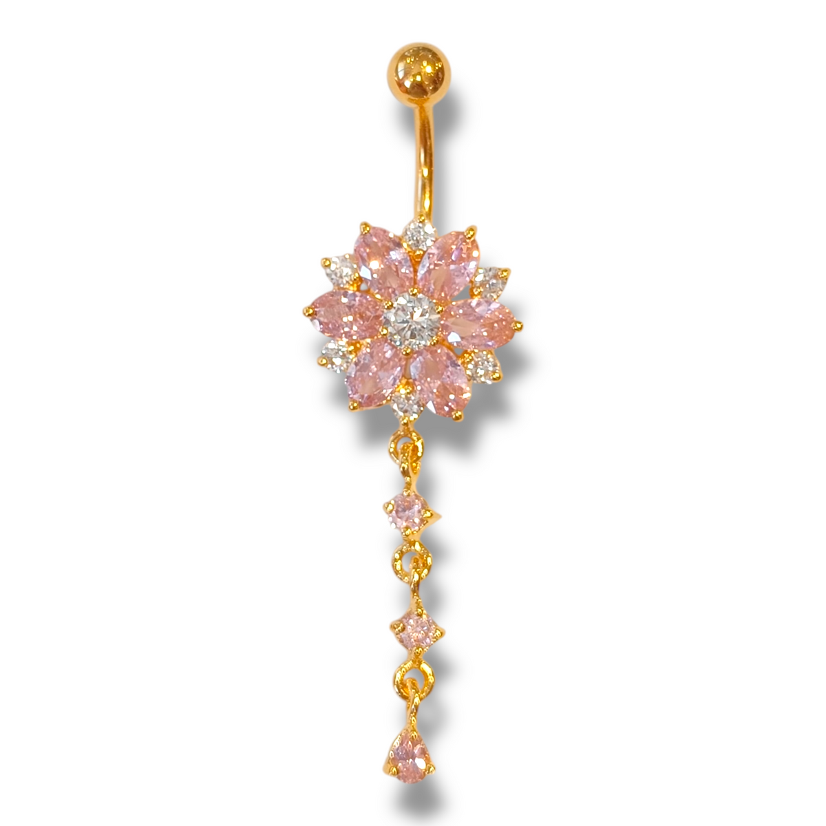 Gold-plated belly button ring, Luxe Blossom – a striking pink flower ring with a chain 