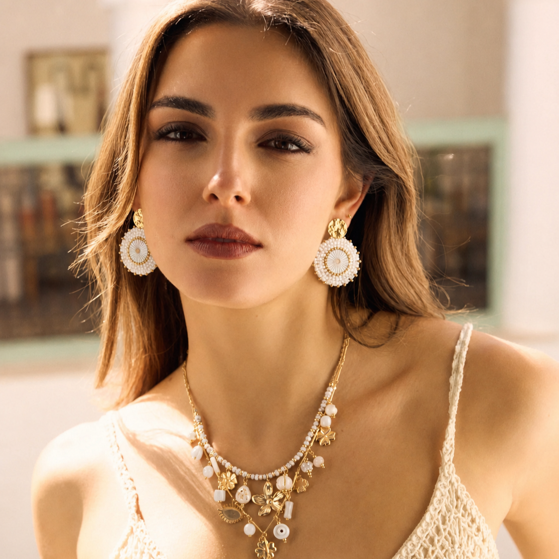 Näyttävät helmenvalkoiset korvakorut lasihelmillä muovihelmillä ja kirurginteräsosilla mallin korvassa.